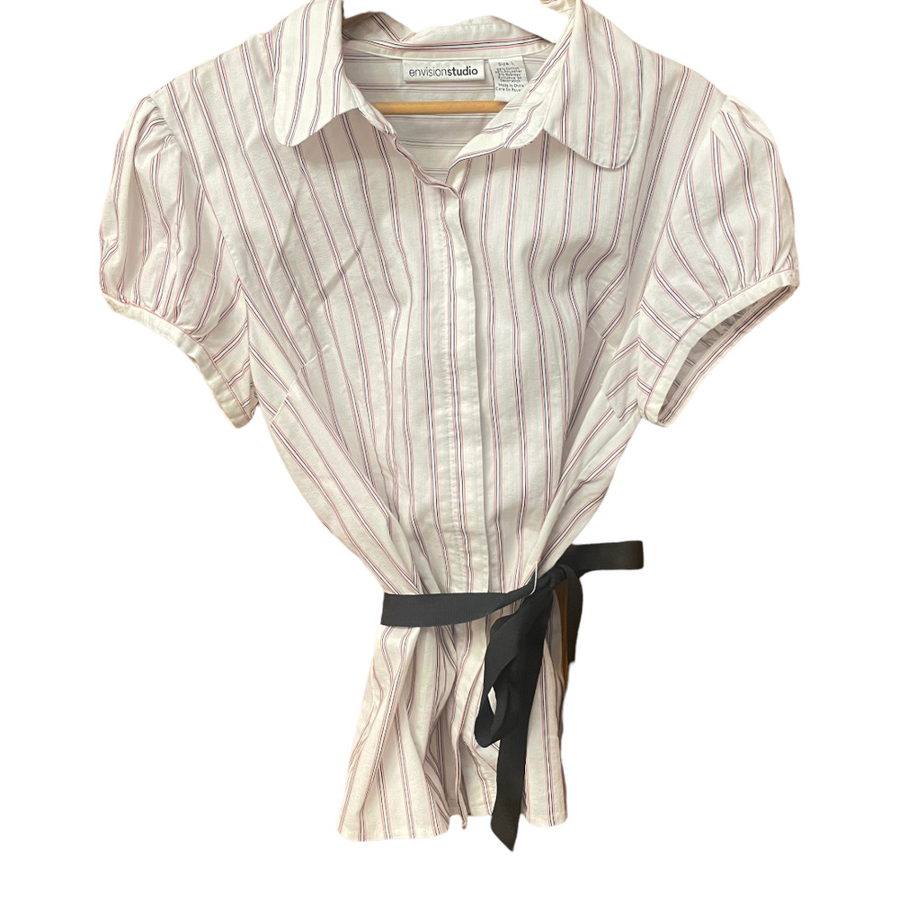 90s Envision Studio Short Sleeve Striped Tie Waist Button Down Blouse Size Large